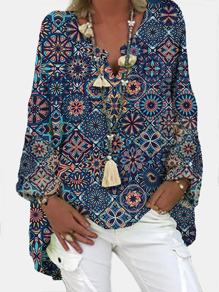
	Geometric Printed Long Sleeve V-neck Casual Blosue For Women