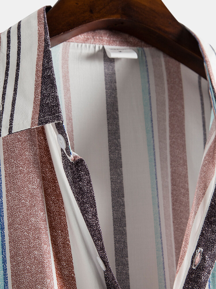 
	Mens Stripe Print Short Sleeve Lapel Regular Hem Preppy Shirt