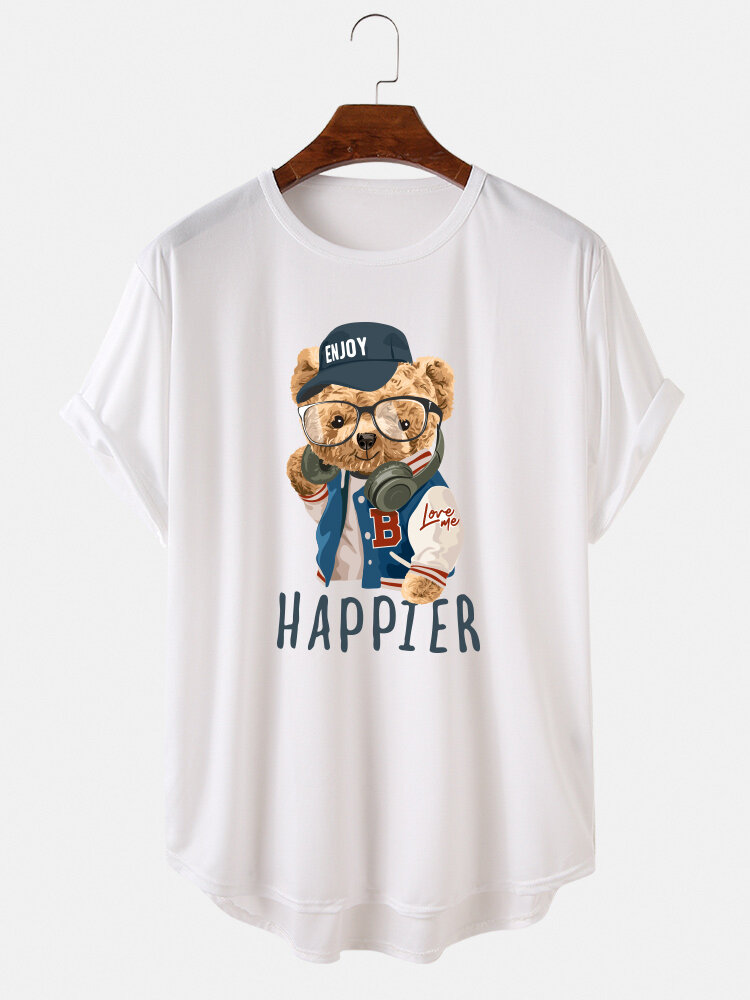 
	Mens HAPPIER Cartoon Bear Pattern Curved Hem Short Sleeve T-Shirt