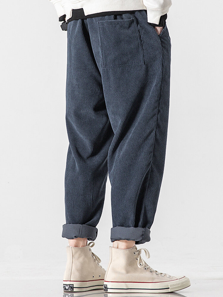 
	Mens Corduroy Solid Color Casual Push Buckle Waist Pants