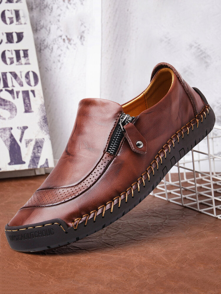
	Menico Men Hand Stitching Zipper Slip-ons Leather Shoes