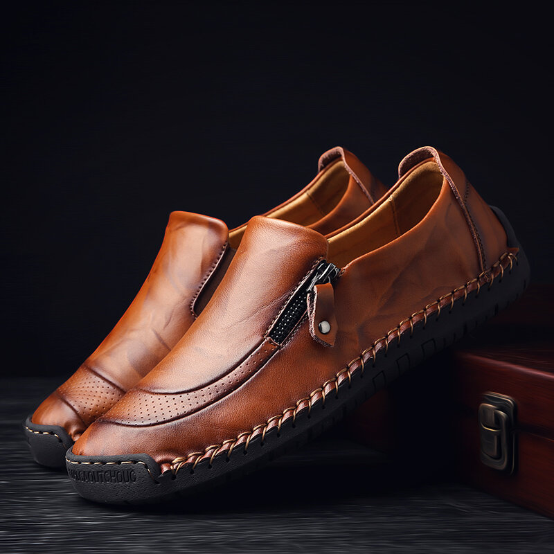 
	Menico Men Hand Stitching Zipper Slip-ons Leather Shoes