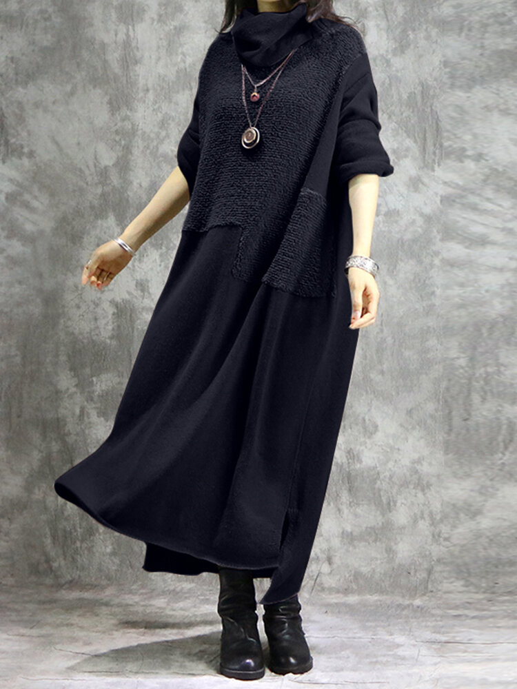 
	Solid Color Plush Patchwork Turtleneck Long Sleeve Dress