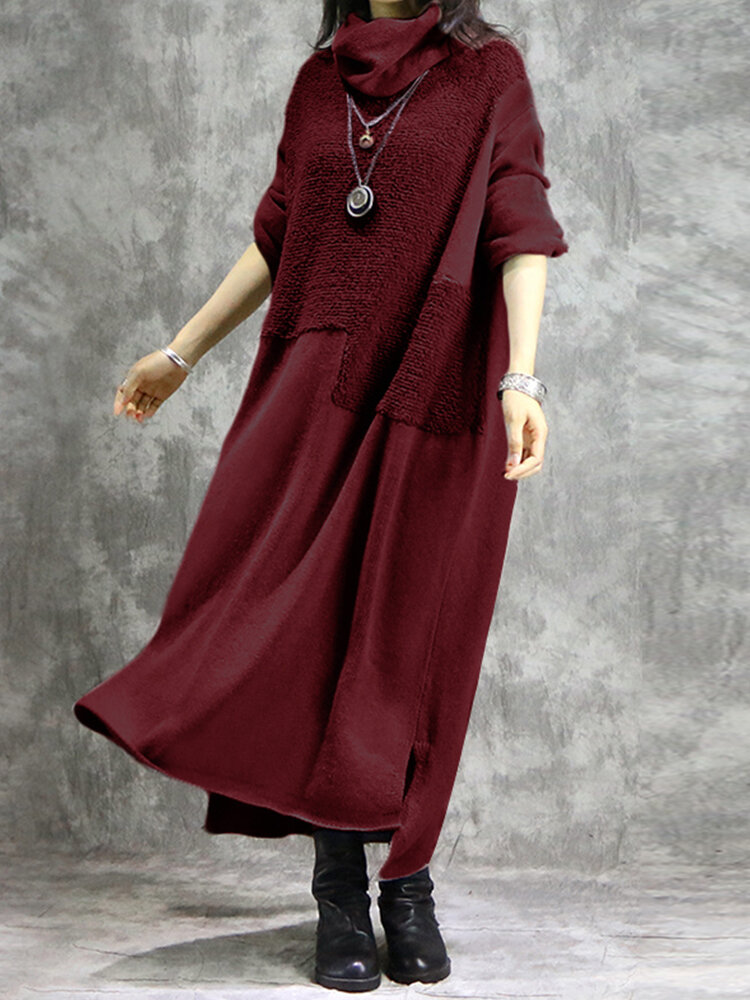 
	Solid Color Plush Patchwork Turtleneck Long Sleeve Dress