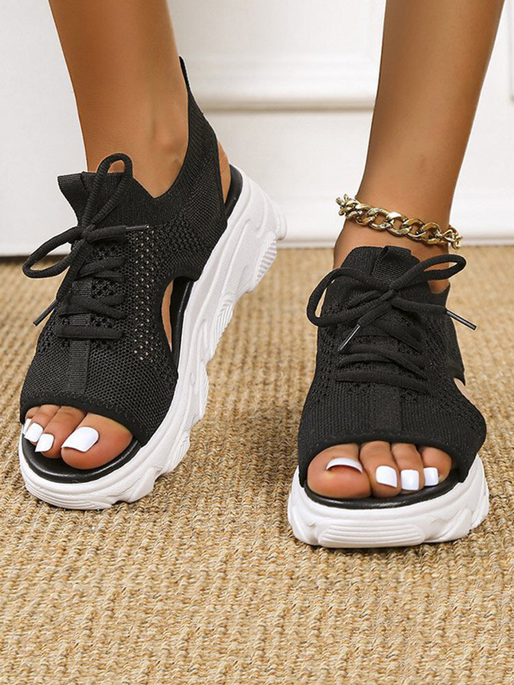 
	Women Casual Lace-up Comfy Knit Open Toe Platform Sandals