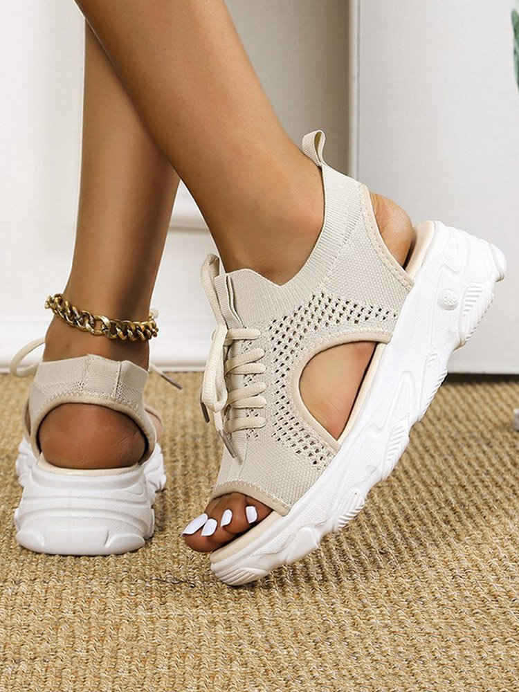 
	Women Casual Lace-up Comfy Knit Open Toe Platform Sandals