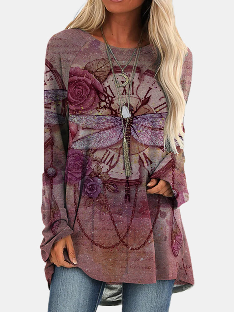 
	Vintage Dragonfly Printed O-neck Long T-shirt For Women