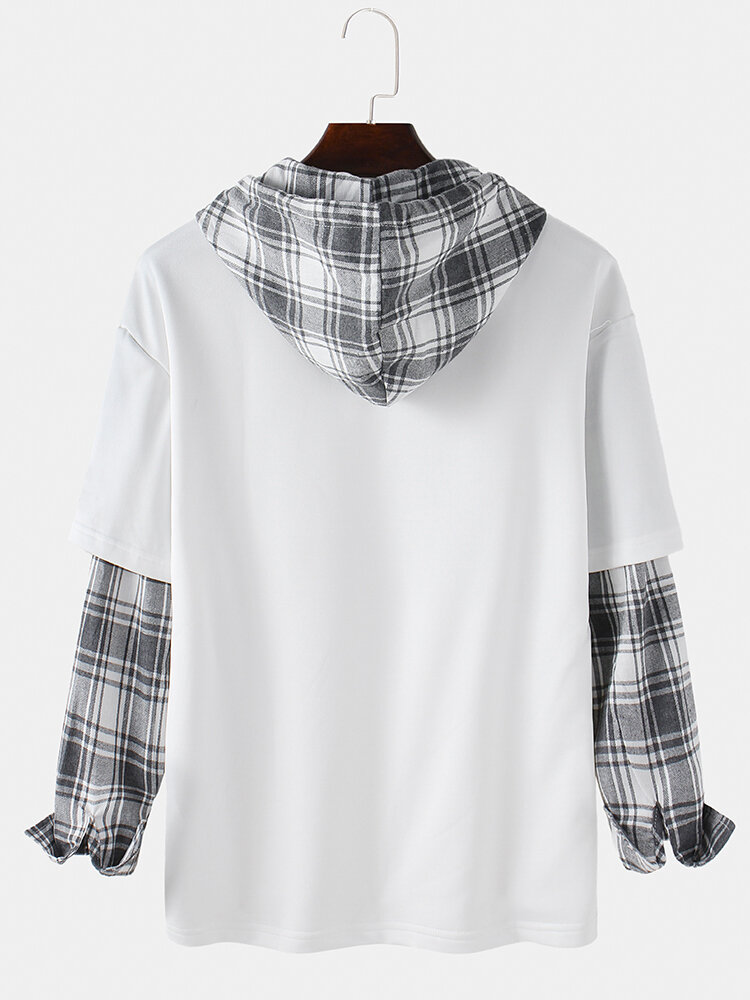 
	Mens Patchwork Plaid Contrast Faux Twinset Casual Drawstring Hoodies With Pocket