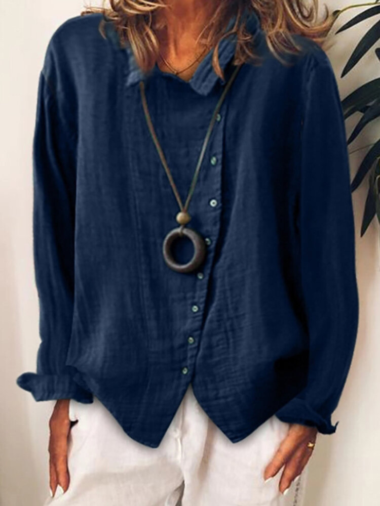 
	Button Lapel Solid Color Long Sleeve Casual Shirt For Women
