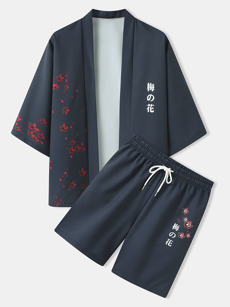
	Mens Plum Bossom Japanese Pirnt Open Front Kimono Two Pieces Outfits