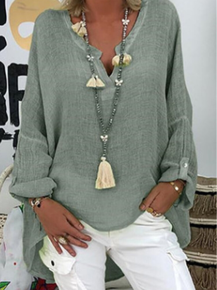 
	Long Sleeve Solid Color Loose V-neck Blouse For Women